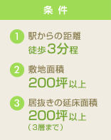 1.駅からの距離 徒歩3分程 2.敷地面積 200坪以上 3.居抜きの延床面積 200坪以上(3層まで)